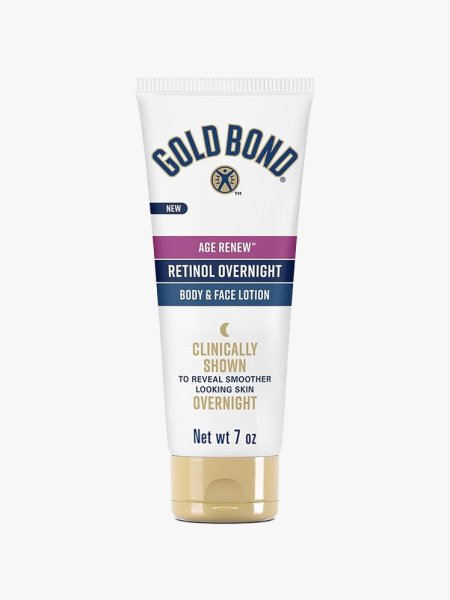 A white tube of Gold Bond Age Renew Retinol Overnight Body & Face Lotion.jpg on light gray background